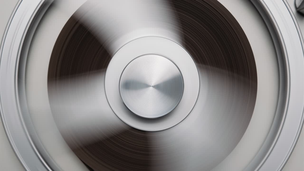 릴 테이프 레코더를 재생합니다. 릴 회전 빈티지 음악 플레이어 가까이. 레트로 테이프. 회전 릴 금속 색상. 위에서 볼 수 있습니다. 인기있는 디스코 트렌드 60s, 70s, 80s, 90s.