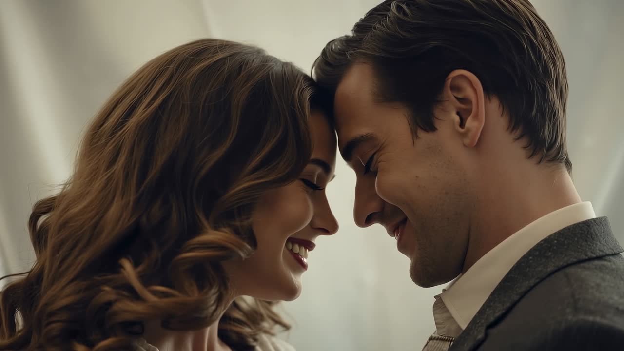 Holding gaze, couple touching foreheads in studio sharing affection, with blazer and shirt