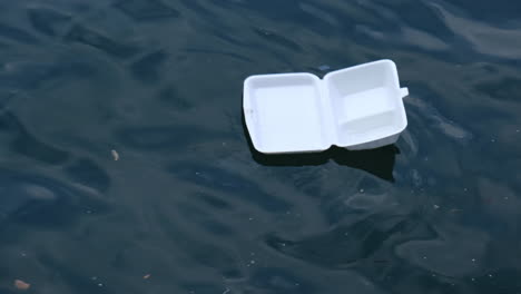 Close-up-a-foam-food-container-floating-at-the-sea