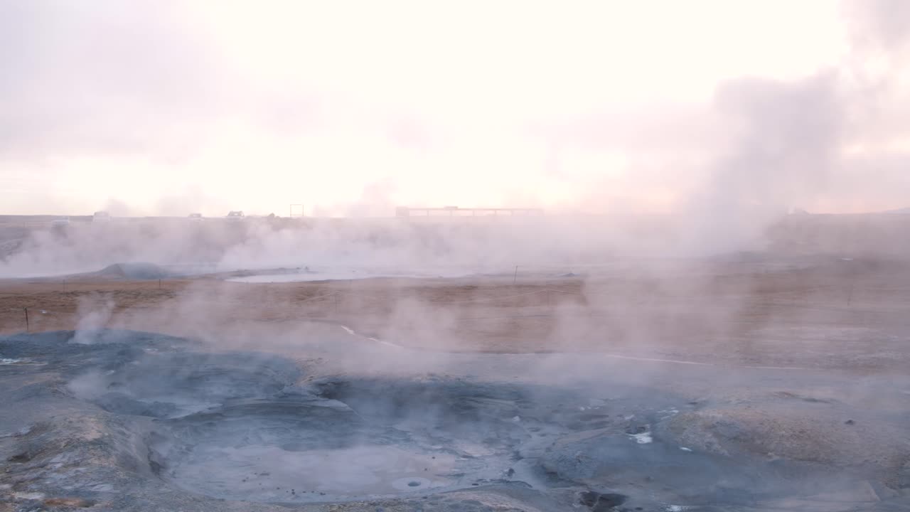 Steam clouds coming out of thermal vents, Hveravellir springs, Iceland.