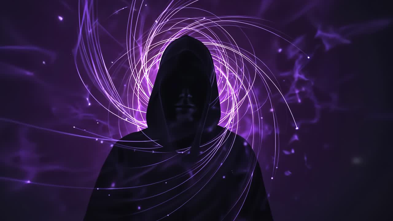 Mysterious Hooded Figure in Purple Abstract Background