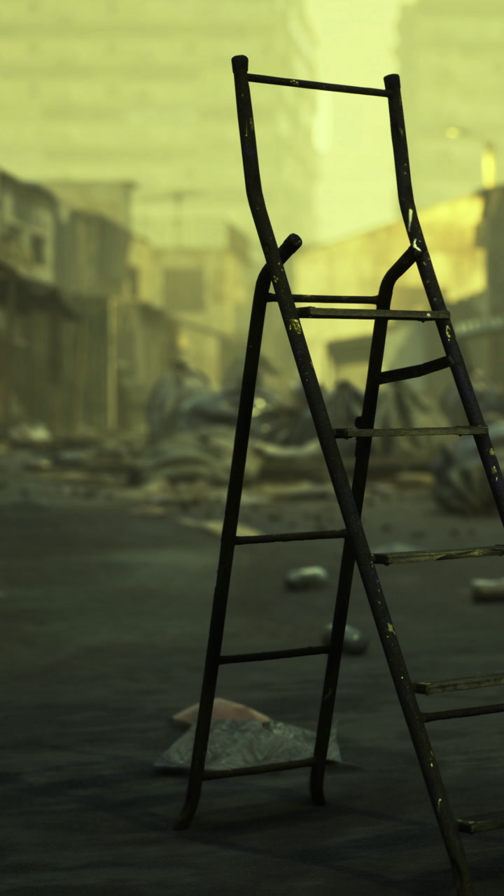 Ladder standing alone in a desolate urban landscape at dusk