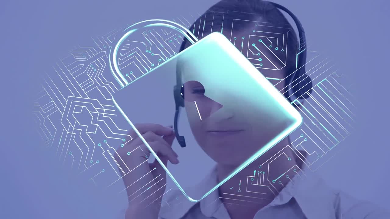 전화 헤드 ⁇ 을 사용하는 사업가에 대한 온라인 보안  ⁇ 락의 애니메이션