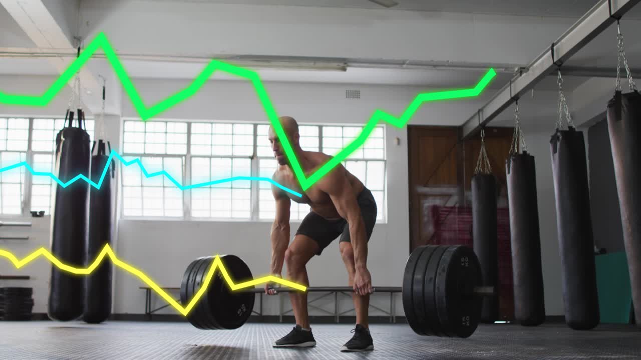 Fit man hinging and lifting barbell, locking out with animated graphs tracking fitness