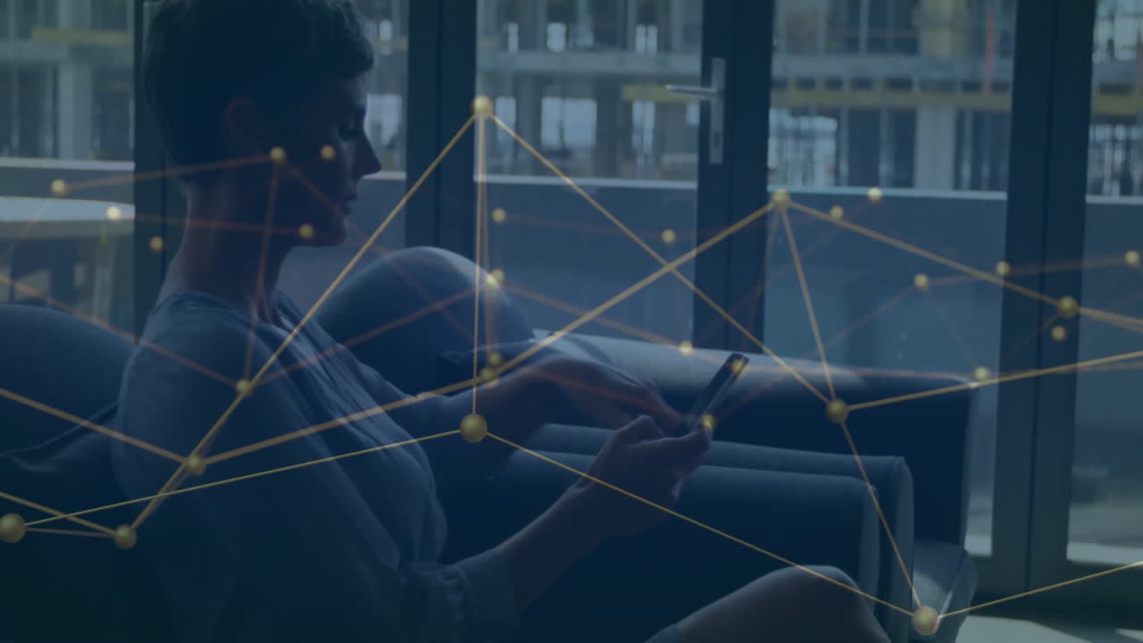 Animation of network of connections over caucasian woman using smartphone