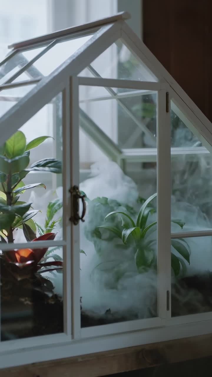 Vertical video: Emitting thin vapor, small heater filling white terrarium on sill, obscuring plants