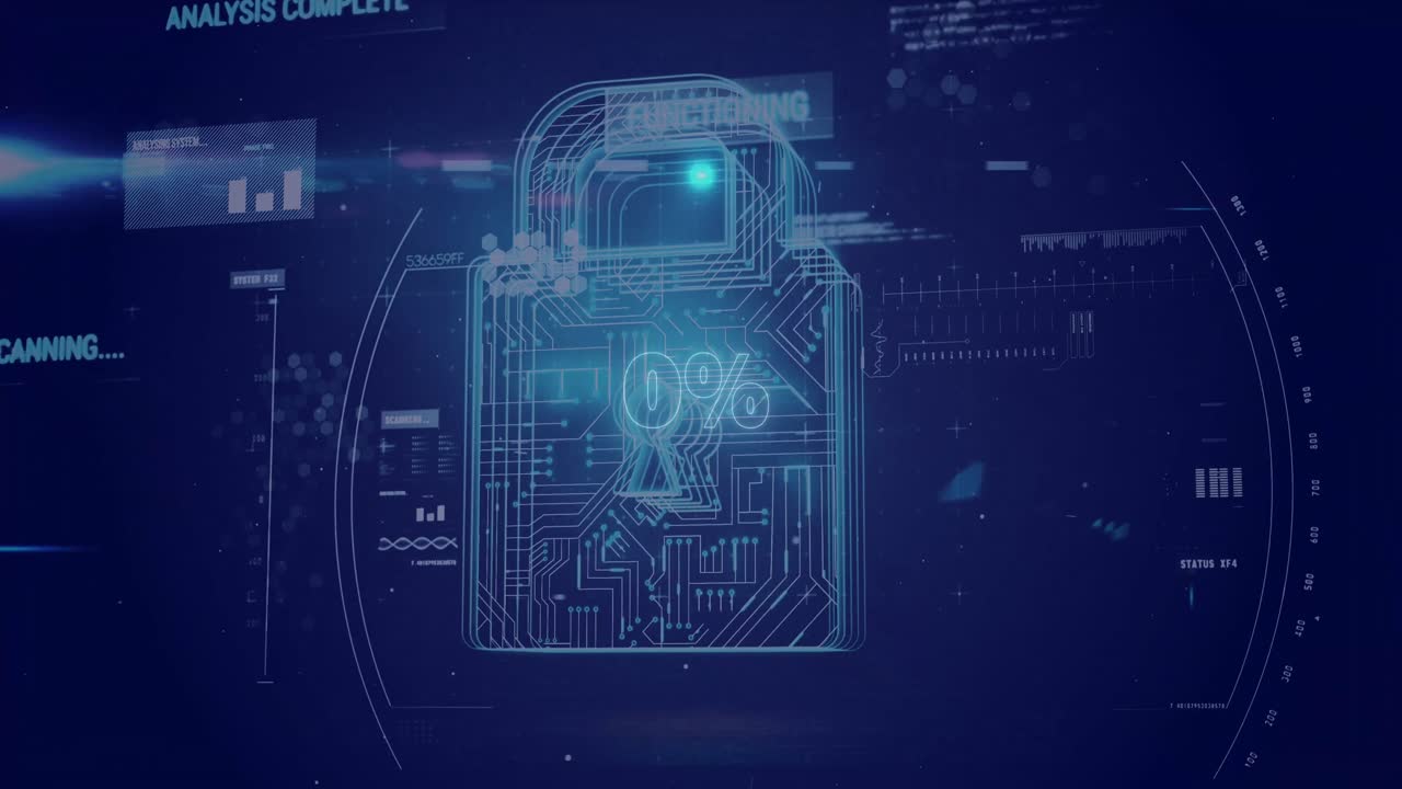Animation of neon circle with 0 percent over digital padlock and data on digital screen