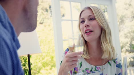 woman interacting while having wine in restaurant