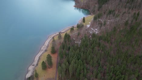 Klöntalersee-Suiza-Glarus-Antena-Frente-Al-Lago-Mostrando-La-Belleza-Del-Bosque-Y-El-Agua