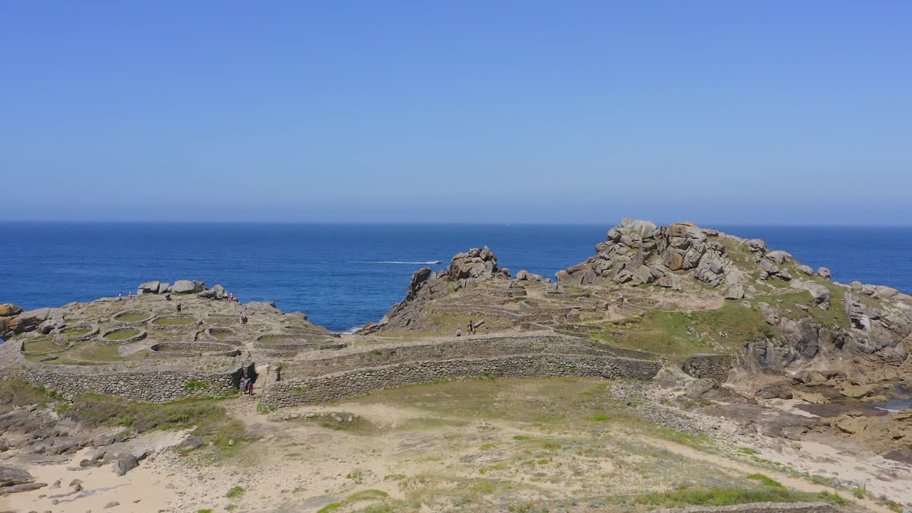 People visiting the historic fortress of Castro de Baro&ntilde;a, Aerial