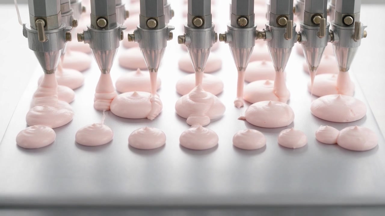 Industrial Machine Depositing Pink Cream onto Tray in Food Factory