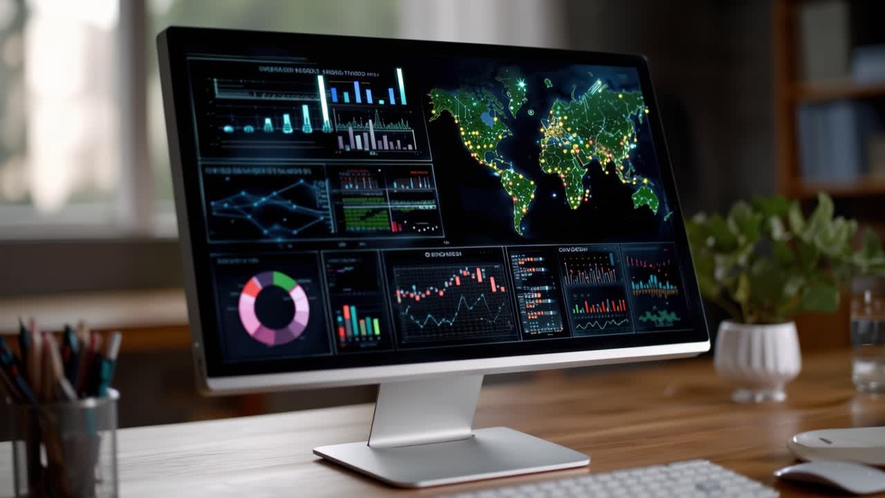 Modern Computer Monitor Displaying Intricate Data Visualization with World Map and Statistical Graphs on a Wooden Desk in a Contemporary Workspace