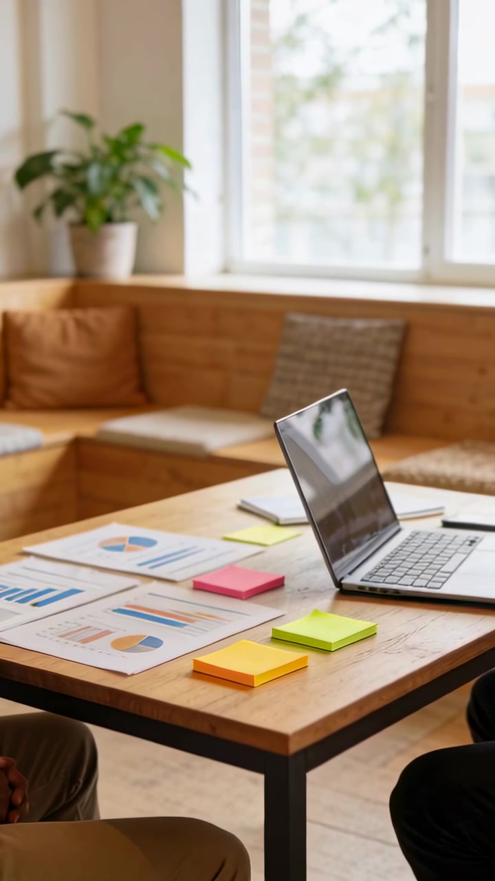 Vertical video: Panning camera showing laptop on table by window, team using charts for planning