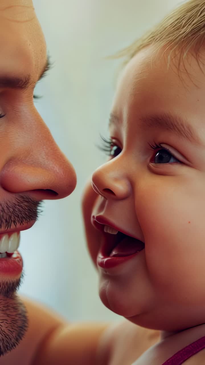 Vertical video: Laughing infant responding while father leaning in at home, showing purple strap