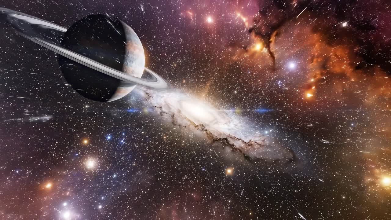 Video spaziale dinamico con inquadratura zoomata, che mostra una galassia colorata