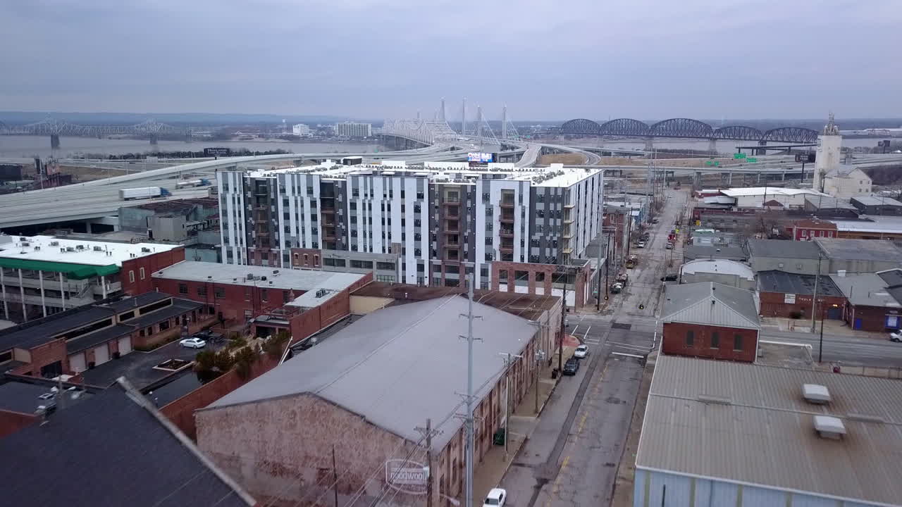 Aerial view of Louisville Kentucky's infrastructure with a local church seen