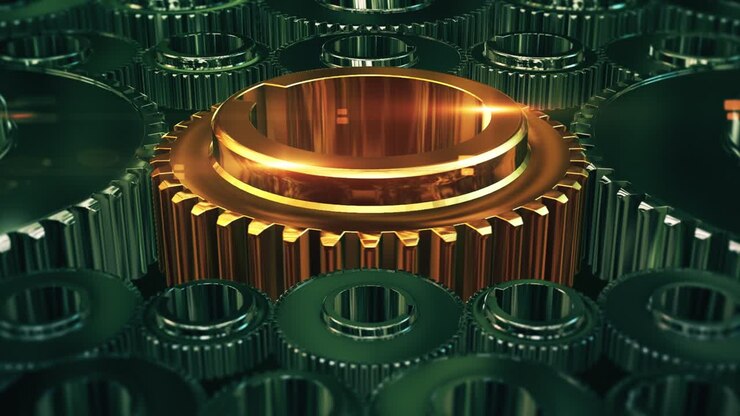 Shiny Gold Gear Standing Out From The Crowd. Perfect Loop.