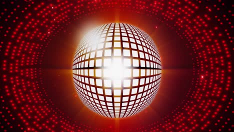 Animation-of-retro-disco-mirror-ball-and-glowing-red-light-on-black-background