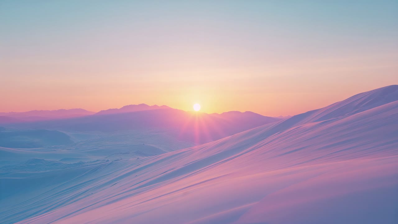 Peeking above mountain ridge, rising sun casting light on snowy hillside at dawn, revealing texture