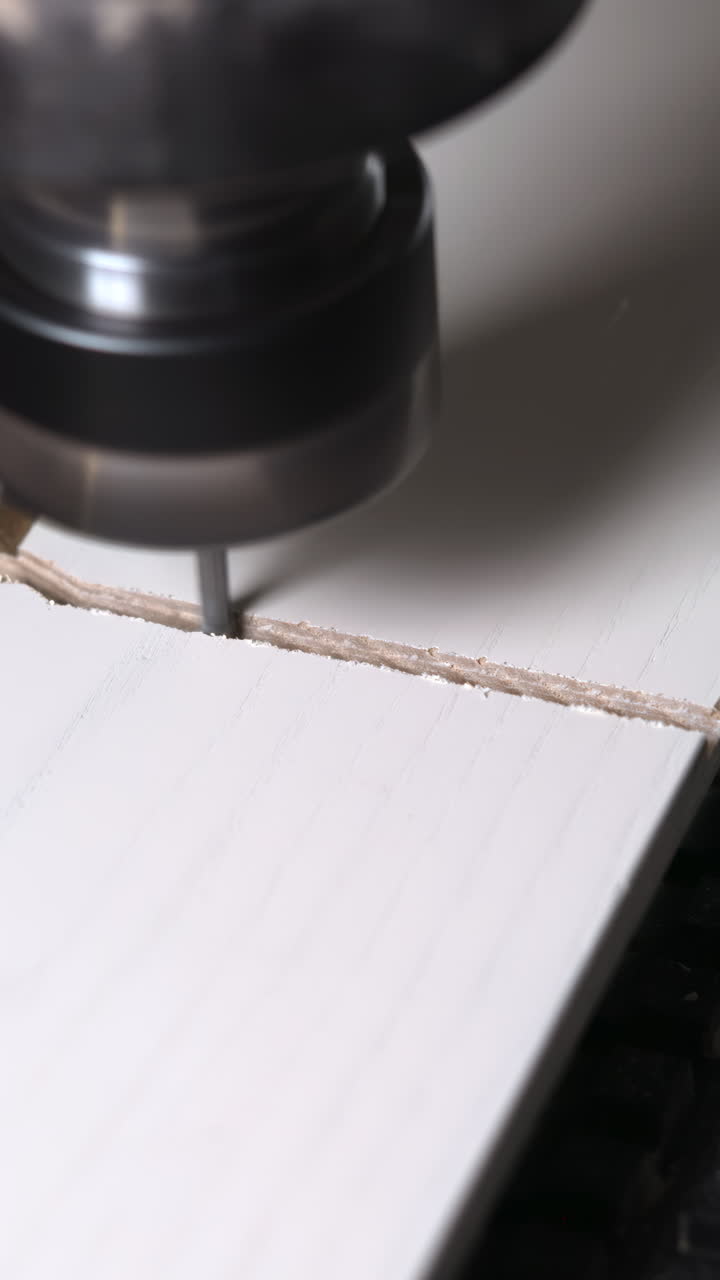 Panelfræsning på malet plade, præcisionsfræser skærer hvid laminatkant, ensartet støvlinje og sikker fastgørelse. Medie