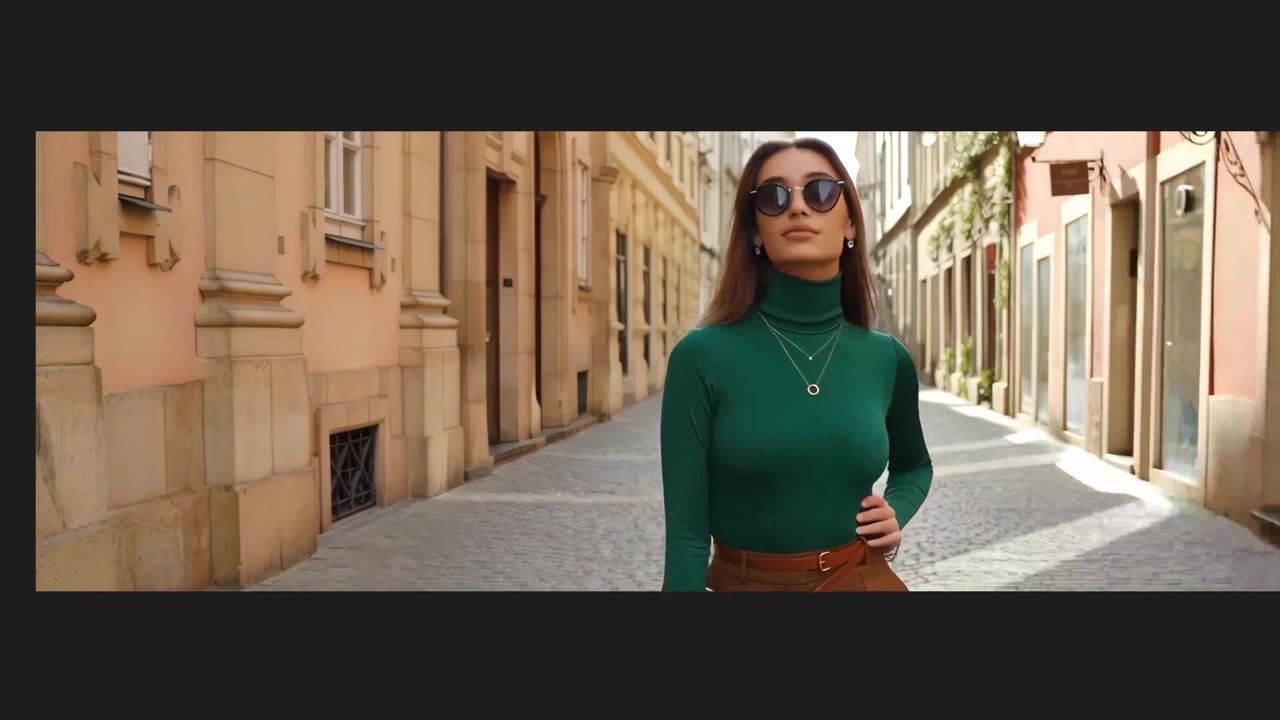 Giovane donna elegante in posa su una strada cittadina acciottolata