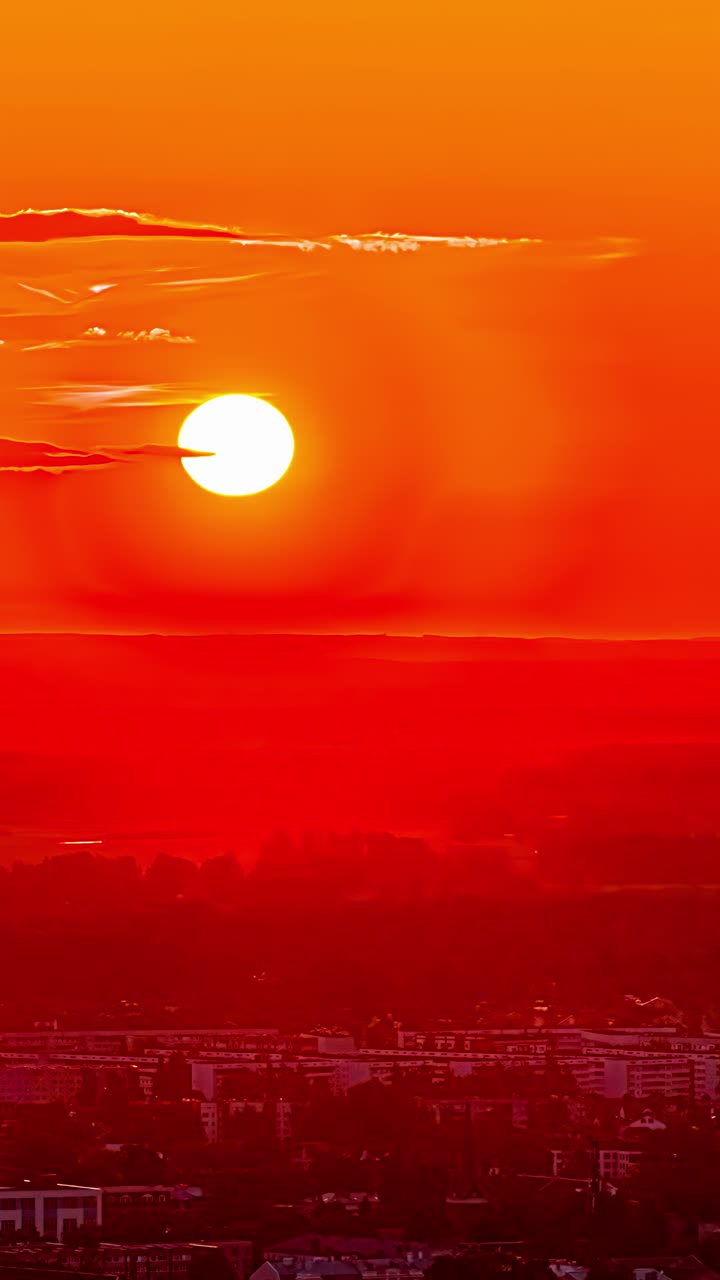 Intense red sunrise bathes the city below, striking atmospheric urban apartment landscape