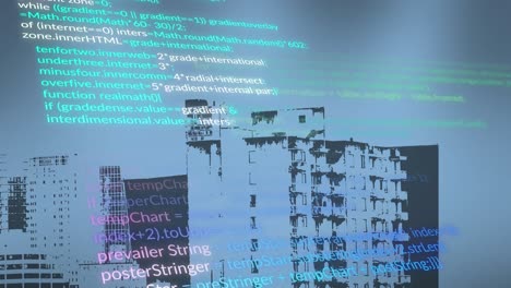 animación de lenguaje informático multicolor sobre edificios modernos en el fondo