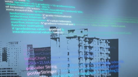 animation of multicolored computer language over modern buildings in background