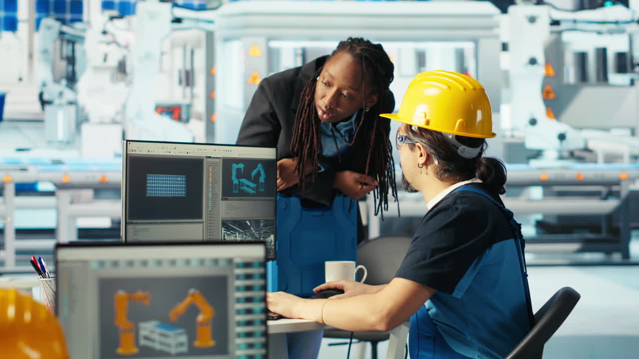 Solar panels plant technician designing assembly lines, informing manager