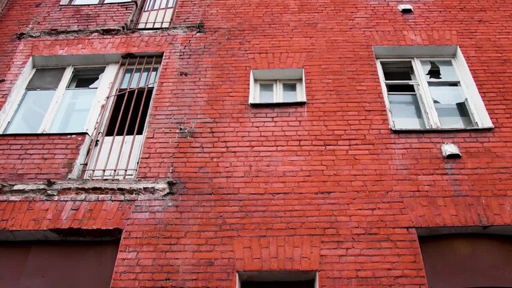 Câmera deslizante em ângulo baixo, edifício soviético abandonado, janelas quebradas e escuras.