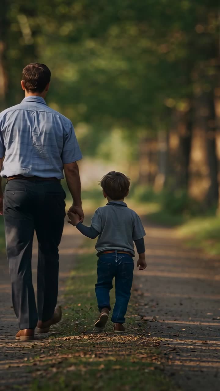 Vídeo vertical: Pai de camisa azul começando a caminhar com o filho por uma trilha sombria, de mãos dadas.