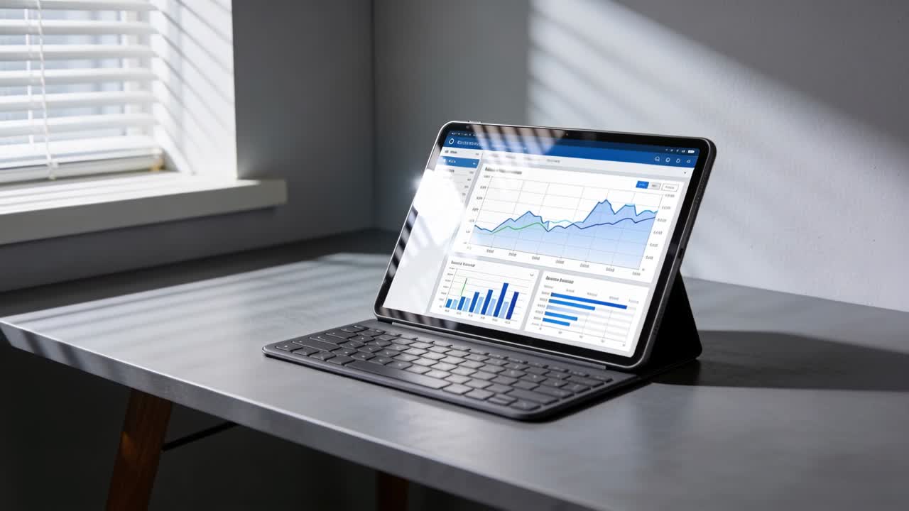 Sollys glir gjennom persienner og kaster striper på grått skrivebord og nettbrett, folio-tastatur og diagrammer.
