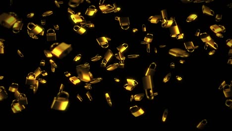 flying many golden padlocks on black background. security or secret protection concept. 3d animation of padlocks rotating. loop animation.