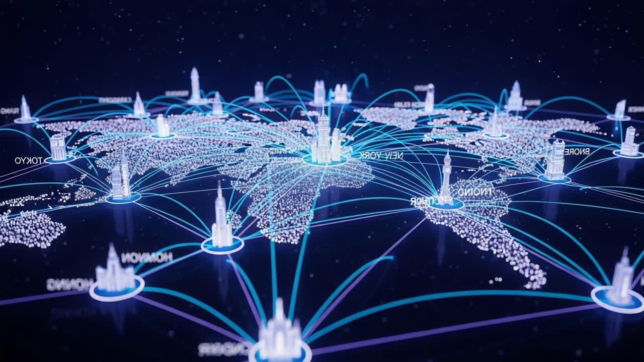 A Dynamic Global Network Visualization Showing Interconnected Cities and Data Points, Highlighting the Flow of Information Across Key Urban Centers Around the World