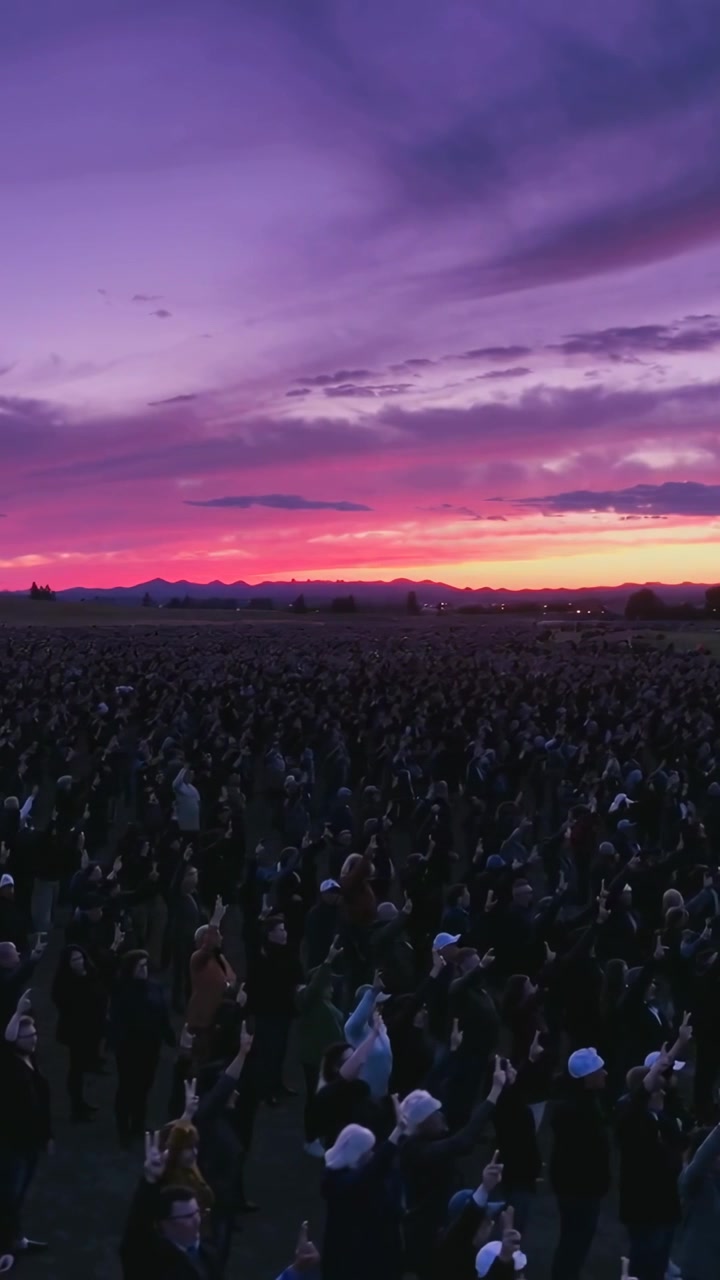 Video verticale: Tramonto che attira una folla con telefoni che alzano segni di pace, in cappotti al crepuscolo per registrare.