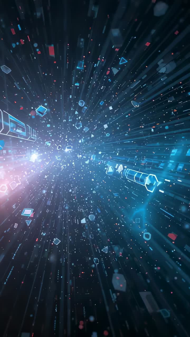 Video verticale: la camera centrata sull'hub inizia a muoversi rapidamente attraverso un campo 3D con cubi, come dati
