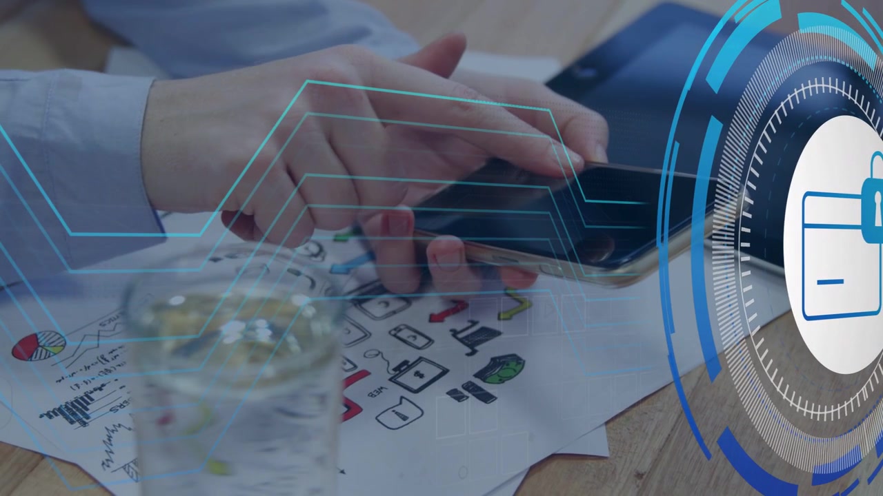 Hands tapping and swiping phone, HUD animating from right, blue lines mapping secure wallet flow