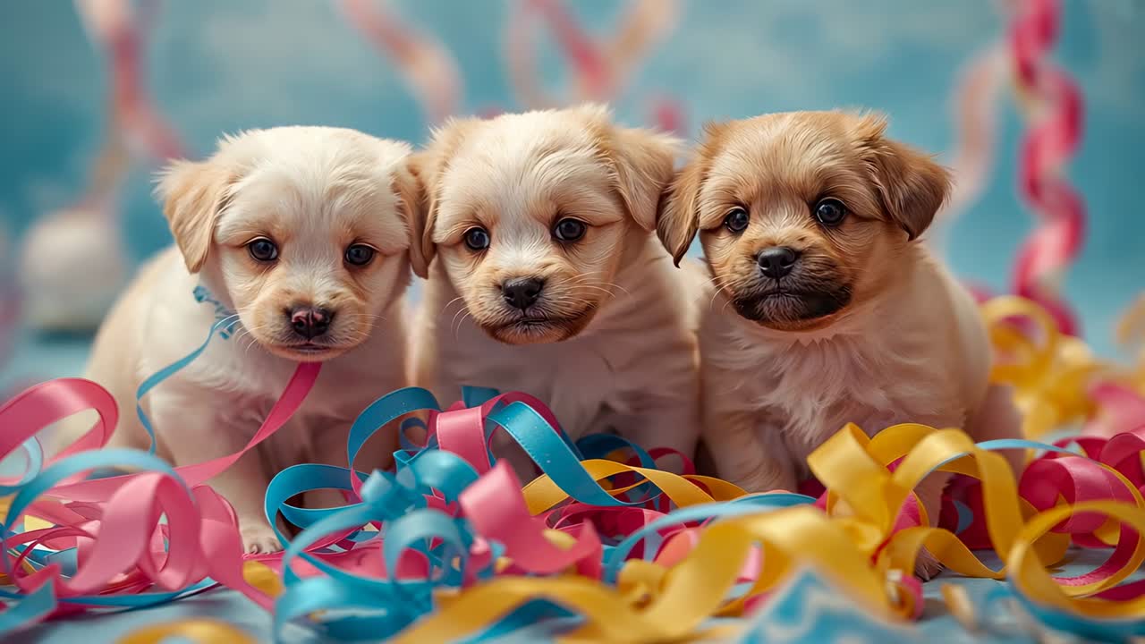 Opening shot showing three puppies sitting with party backdrop with pink blue yellow curled ribbons