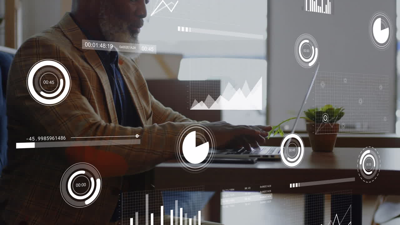 анимация графиков, загрузка полос и кругов над афроамериканцем, работающим на ноутбуке в офисе