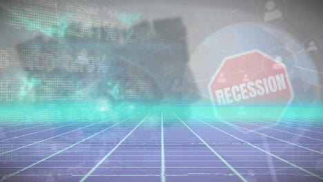 animación del texto de recesión en hexágono sobre el globo y el patrón de cuadrícula contra el tablero de negociación.