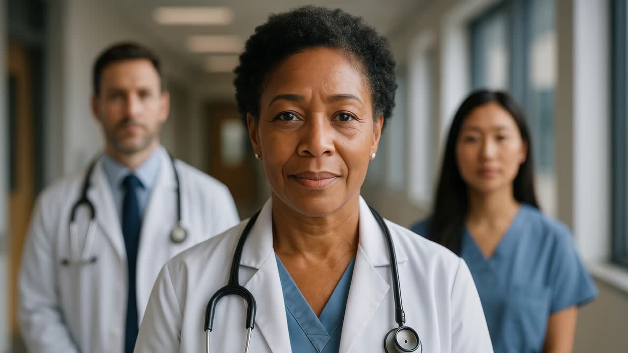 A video still of three medical professionals in a hallway, shot from a frontal angle