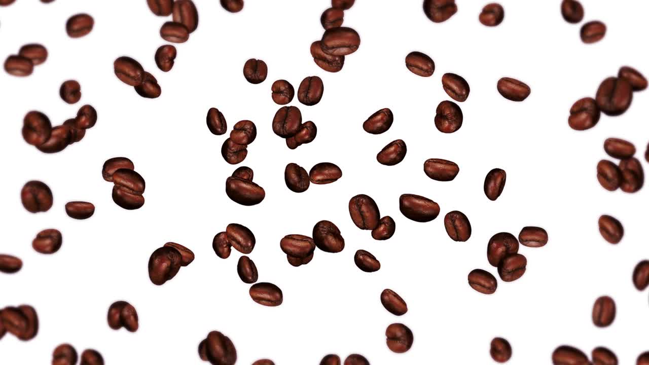 Molti chicchi di caffè che volano su sfondo bianco. Bevanda alla caffeina, Colazione, Aroma. Animazione 3D di chicchi di caffè tostati che ruotano. Animazione in loop