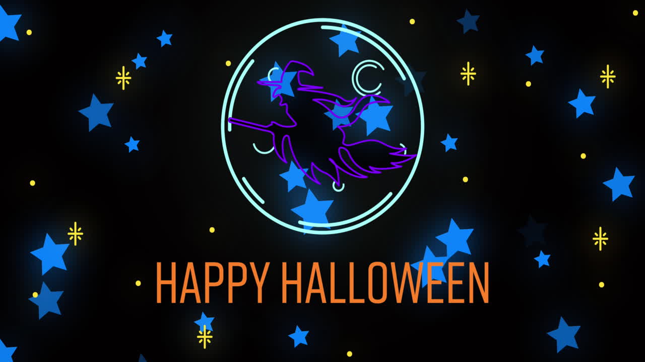 검은색 배경에 네온 마녀와 별을 가진 행복한 할로윈 텍스트의 애니메이션