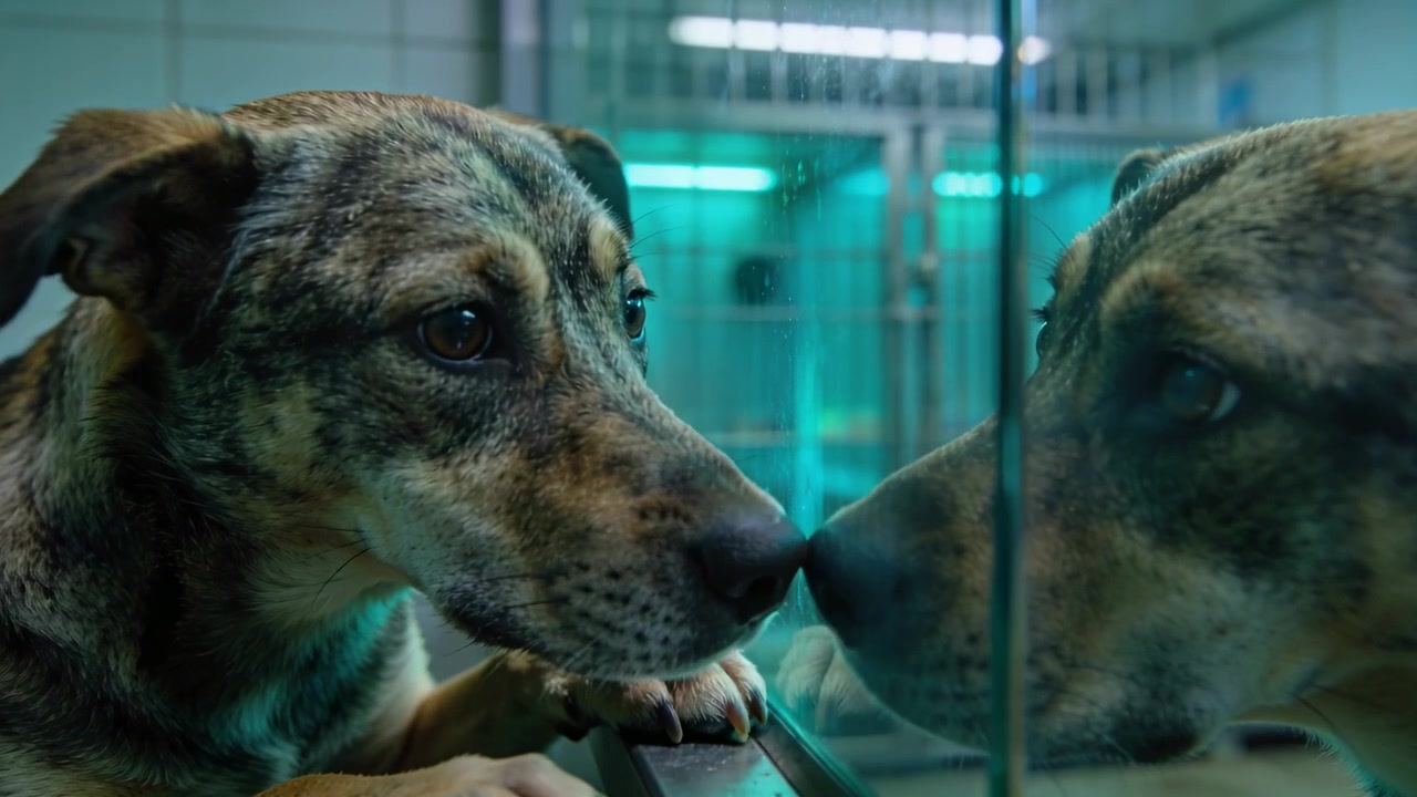 Avistando o reflexo, cão tigrado apoiado em um parapeito de metal farejando uma divisória de vidro em um canil.