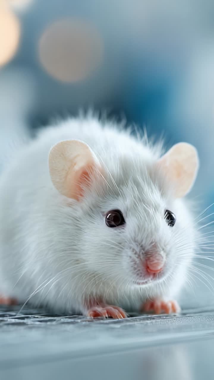 Un primo piano di un adorabile topolino bianco che mostra le sue delicate fattezze, la sua pelliccia vivace e la sua natura curiosa, perfetto per uno sguardo nel mondo dei piccoli animali domestici