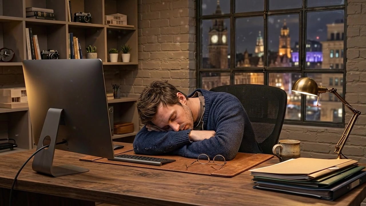 Empleado de oficina exhausto durmiendo en el escritorio después de un largo día de trabajo