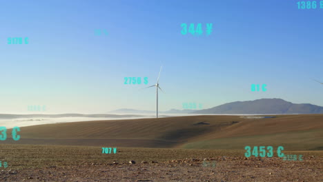 wind turbine in field with currency and temperature data animation over landscape