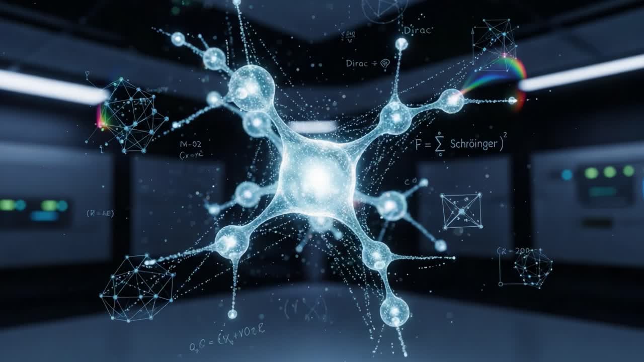 Dynamic Representation of Quantum Molecules in a High-Tech Laboratory Environment, Showcasing Advanced Scientific Concepts and Research in Chemistry and Physics