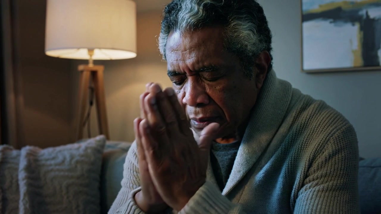 Covering face senior man lowering hands, looking down on sofa, feeling grief wearing cardigan, ring