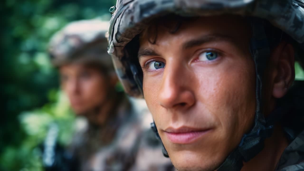 Primi piani di soldati in uniforme mimetica che mostrano concentrazione e determinazione su uno sfondo verdeggiante in un ambiente di addestramento militare